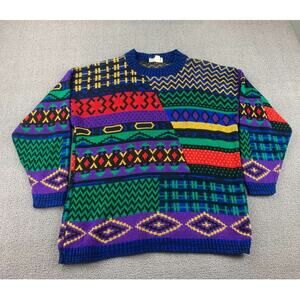 Vintage Variations Sweater Men M Multi Color Geometric Long Sleeve Knit USA Made